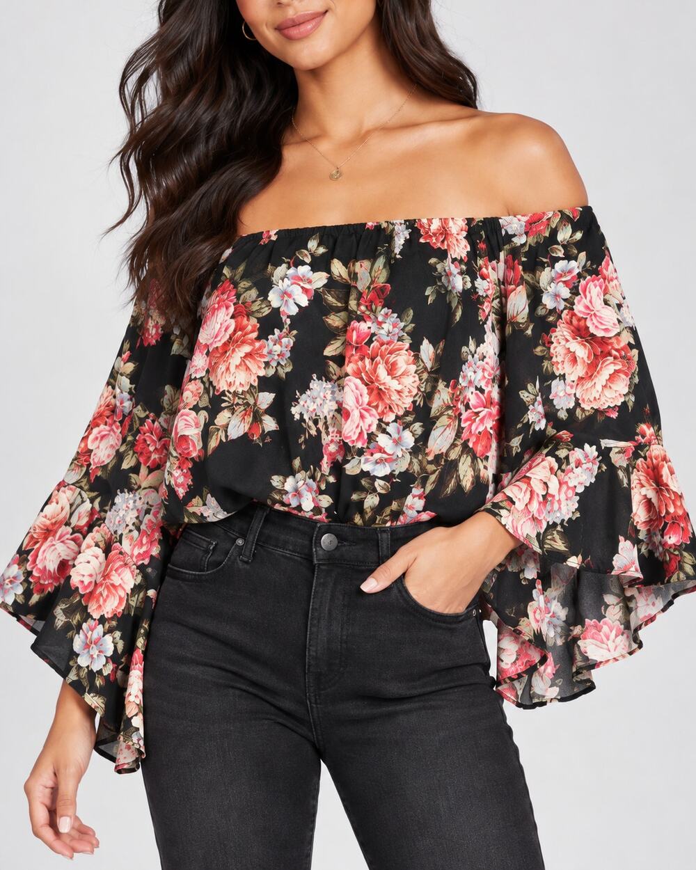 LPA Floral Off Shoulder Linen Blend Bodysuit Black Multi Bell Sleeve Small